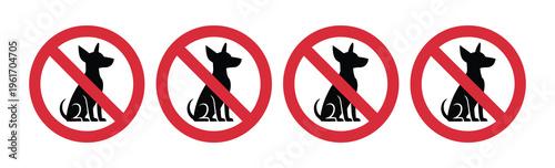 No pet allowed vector symbols set, prohibition signs featuring pets inside crossed circles, minimal modern vector design suitable for parks, restaurants, transport, and property rules graphics.