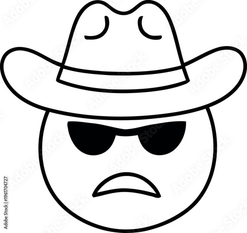 A cartoon face wearing a cowboy hat with sunglasses and a frown