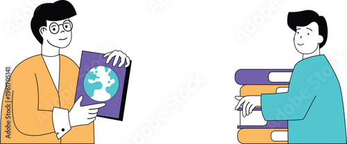 Two individuals engaging in a conversation about a globe depicted on a tablet device during a study session