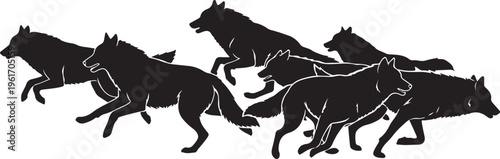 Silhouette of a pack of wolves running together freely