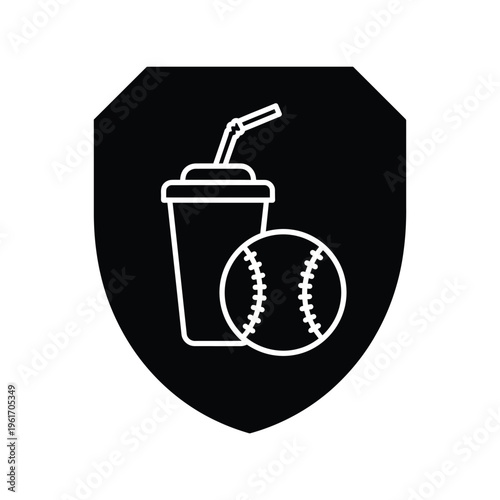 Baseball and Soda Drink Icon Vector Isolated on Shield Badge Black Silhouette