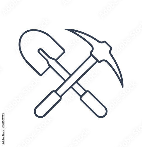 Vector of a shovel and pickaxe crossed together in a minimalist design