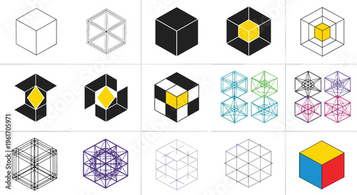 Isometric Cube Geometry Illustration Set Featuring Wireframe, Solid, Transparent, and Colored 3D Shapes for Design, Engineering, and Abstract Geometric Visualization