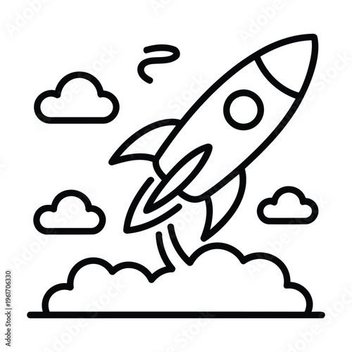 rocket launch eps flying into sky with clouds simple outline style showing startup growth business success and new project beginning concept in creative design