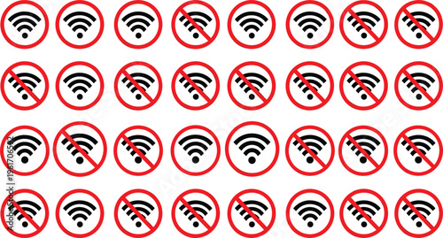 No WiFi and Wireless Signal Restriction Icon Set Featuring Prohibited Internet Symbols, Disabled Network Signs, and Connection Ban Graphics for UI Design