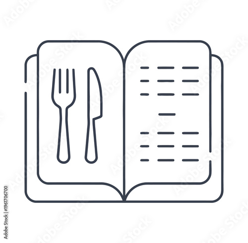 Simplified vector of an open book featuring a fork and knife with written text