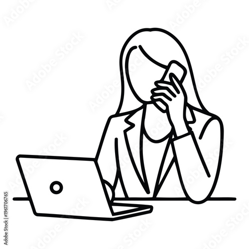 business woman talking on phone eps with laptop simple outline style showing multitasking communication office work and professional activity concept