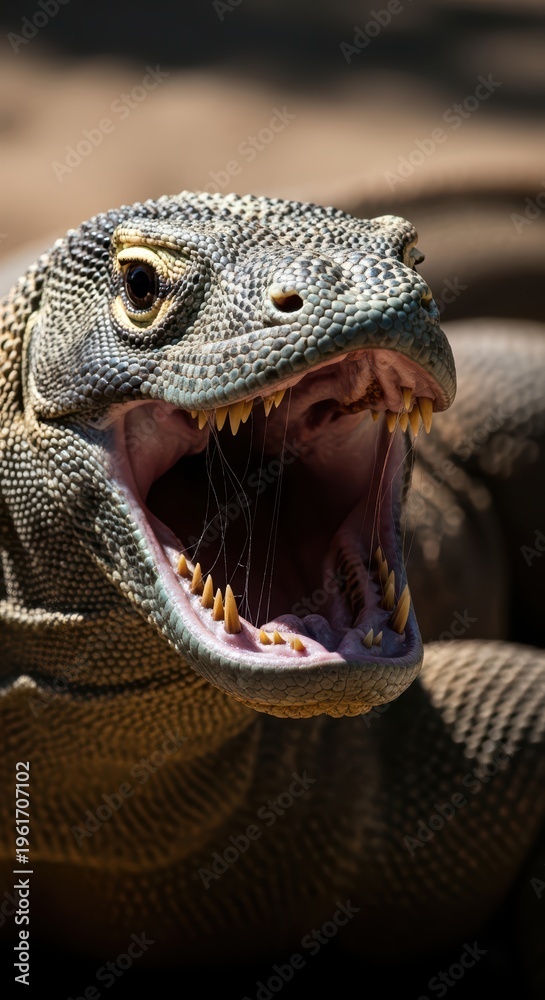 Fototapeta premium Komodo dragon snarling with open jaws in natural habitat