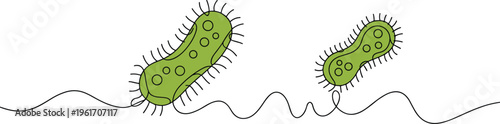 Continuous one line drawing of green bacteria microorganisms and virus cells for medical science and biology education concepts.