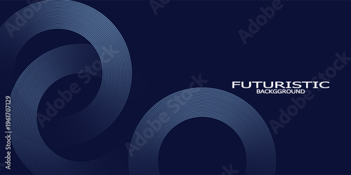 Garis geometri berpendar biru abstrak pada latar belakang biru gelap. Pola garis lingkaran biru mengkilap modern. Futuristik konsep teknologi. Suit untuk penutup, poster,