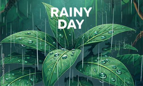 Rainy Day – Vector Illustration of Heavy Rain and Green Leaves