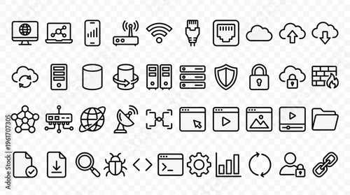 Set of 48 Black Outline Network and Cloud Computing Icons Vector