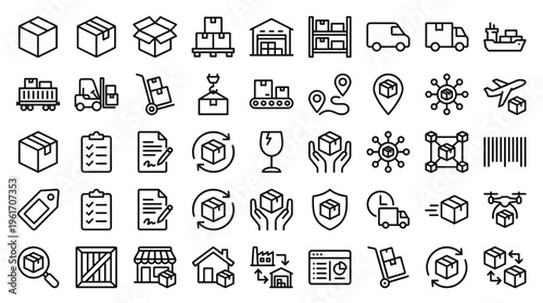 Set of 48 Black Outline Shipping and Logistics Icons Vector