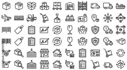 Set of 50 Logistics and Delivery Outline Icons Vector
