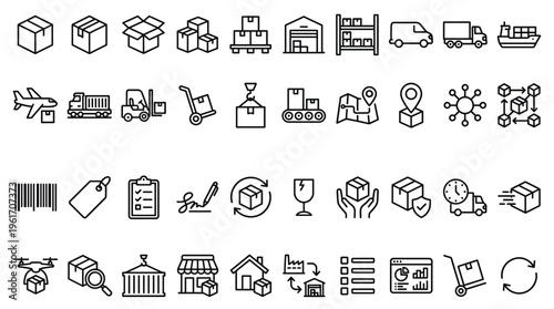 Set of 48 Black and White Outline Logistics and Delivery Vector Icons