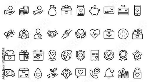 Set of 48 Charity Donation and Volunteer Outline Icons Vector