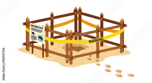 Dinosaur excavation site, fossil dig area, caution tape, wooden fence, sand pit