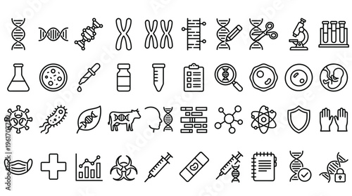 Set of 48 Black Outline Genetic Science and Biotechnology Icons