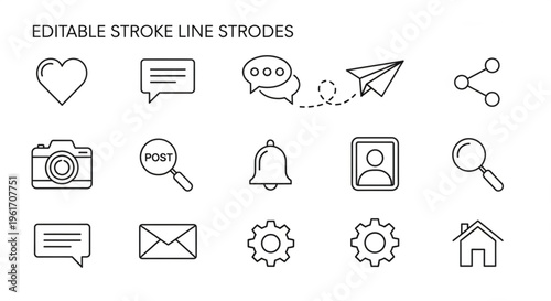 linear social media icons, editable stroke icons, messaging and engagement symbols, white background