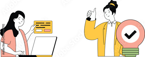 Two professionals collaborating on a project with approval and digital form submission depicted cheerfully