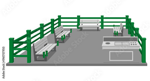 Vector farm pen, green fence, animal enclosure, gray background