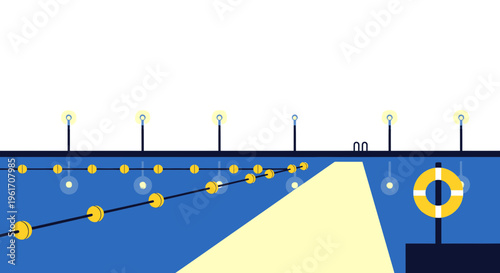 Nautical, vector, blue, harbor, dock, lights, buoys, lifebuoy,  nighttime, illustration