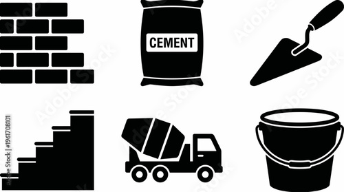 Silhouette construction icons featuring brick wall, cement, trowel, mixer, bucket, and staircase. Strong, minimal vector style representing masonry, building materials, and essential construction tool