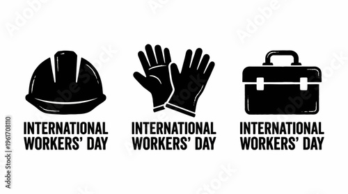 Minimalist labor icons featuring helmet, gloves, and briefcase with bold “International Workers’ Day” text. Strong silhouettes honoring workers’ rights, solidarity, and global labor celebrations.