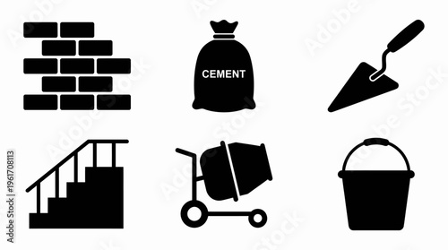 Silhouette construction icons featuring brick wall, cement, trowel, mixer, bucket, and staircase. Strong, minimal vector style representing masonry, building materials, and essential construction tool