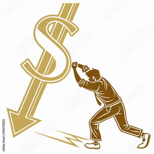 Man pushing down large dollar sign with arrow on symbolizing economic downturn or financial struggle