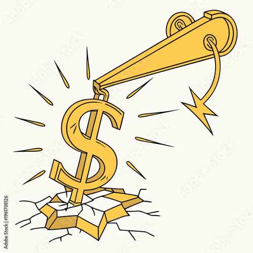 Cartoon style illustration of a golden dollar sign being struck by a golden lightning bolt on a beige background