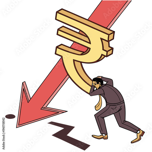 Businessman struggling under heavy euro symbol with downward arrow