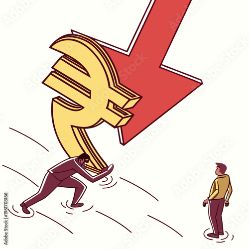 Businessman struggling to hold up a large euro symbol as it falls with a red arrow