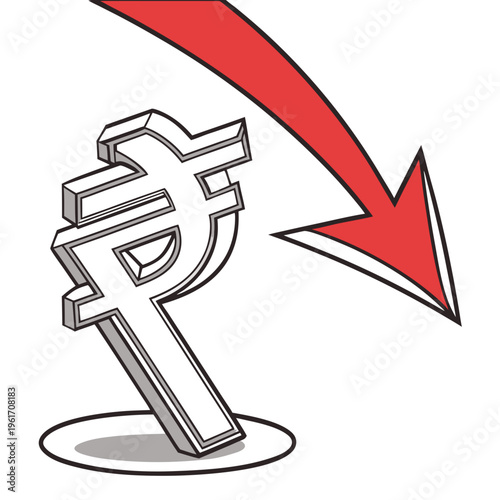 Ruble symbol with a red downward arrow indicating currency devaluation