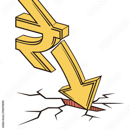 A large golden rupee symbol with a downward arrow breaking through the ground