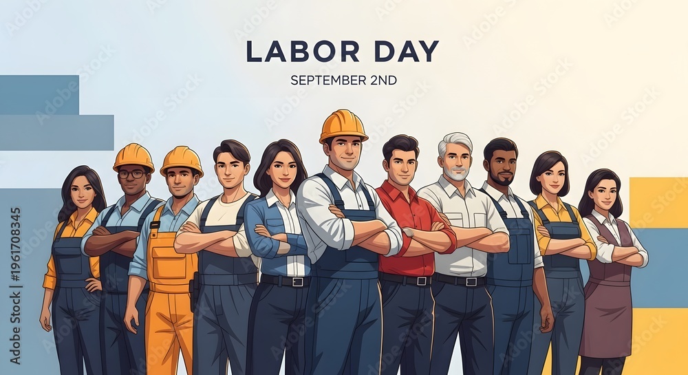 Fototapeta premium Diverse group of proud professionals from various occupations standing together to celebrate labor day on september 2nd against a clean background