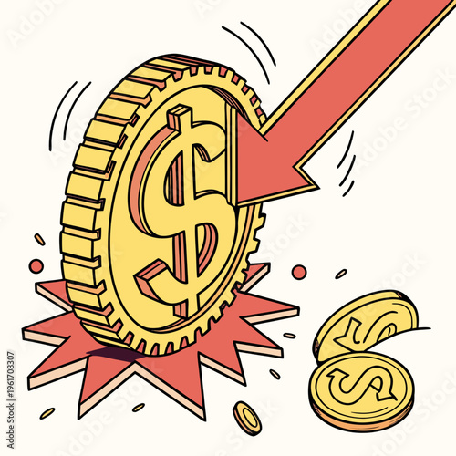 Cartoon illustration of a gold coin with a dollar sign being pushed down by a red arrow