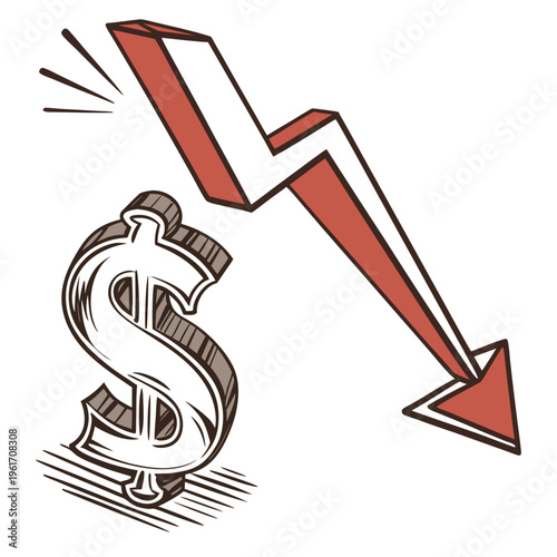 A cartoonstyle illustration of a dollar sign with a red downward arrow pointing to the right, indicating a decrease in value or financial loss