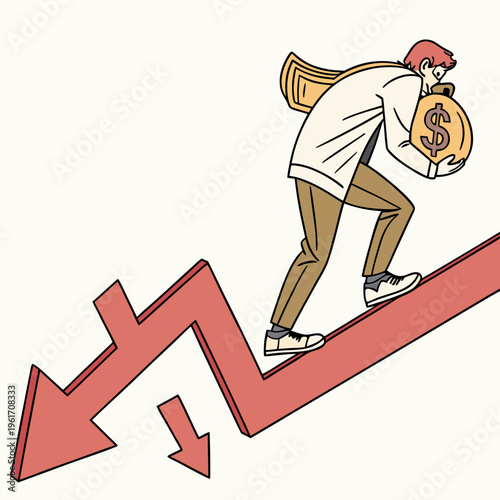 A cartoon man carrying a money bag and climbing up a downward arrow