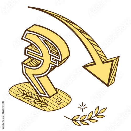 Indian rupee symbol with downward arrow indicating financial decline or economic downturn