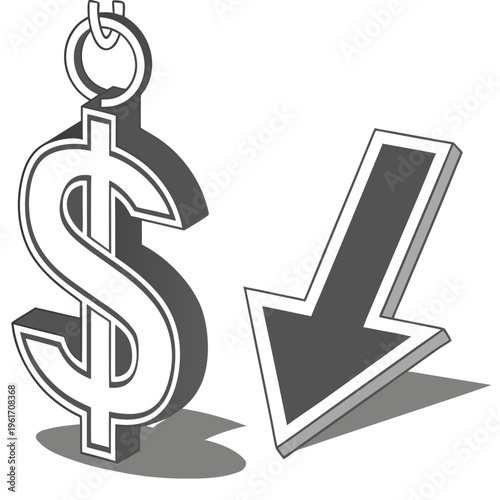 A grayscale illustration of a dollar sign with a downward arrow indicating a decrease in value or cost