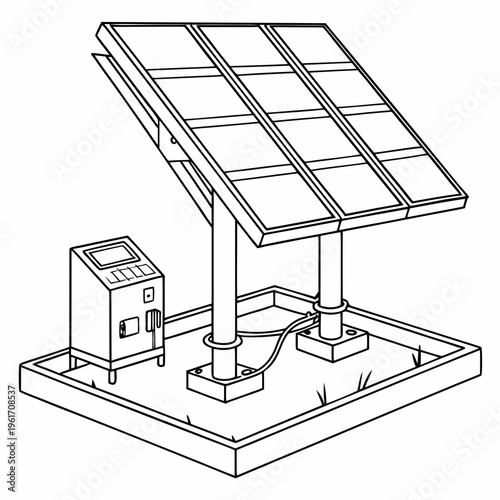 A line drawing of a solar panel with a control box on a for alternative energy concepts