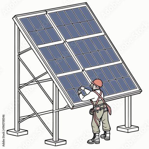 An engineer in a hard hat installing and adjusting a large solar panel on a metal frame