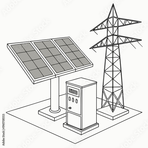 Black and white line drawing of solar panel and electrical tower with inverter