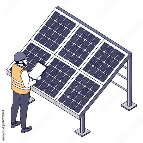 An engineer in safety gear inspecting a large solar panel array with six modules