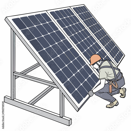 An illustration of a worker installing a large solar panel on a metal stand