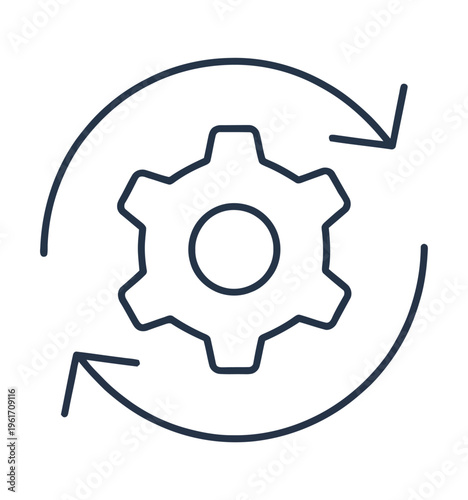 Circular vector icon featuring a gear symbol and arrows indicating rotation