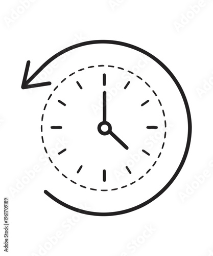 Vector of a clock with an arrow circling around it to indicate time reversal or repetition