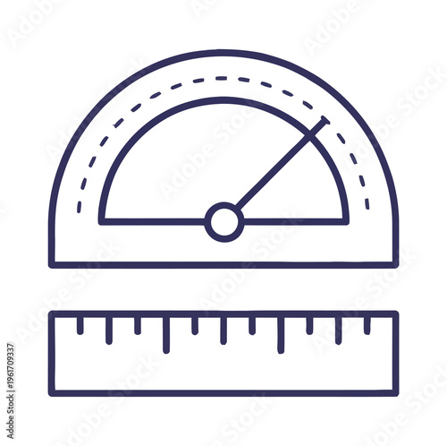 Vector graphic showing a protractor and ruler used for precise measurements and angle calculations