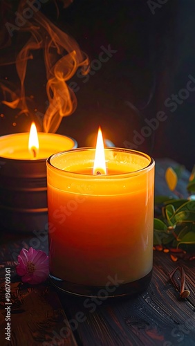 Close-up of burning candles in glass jars, smoke drifting upwards, with flower details